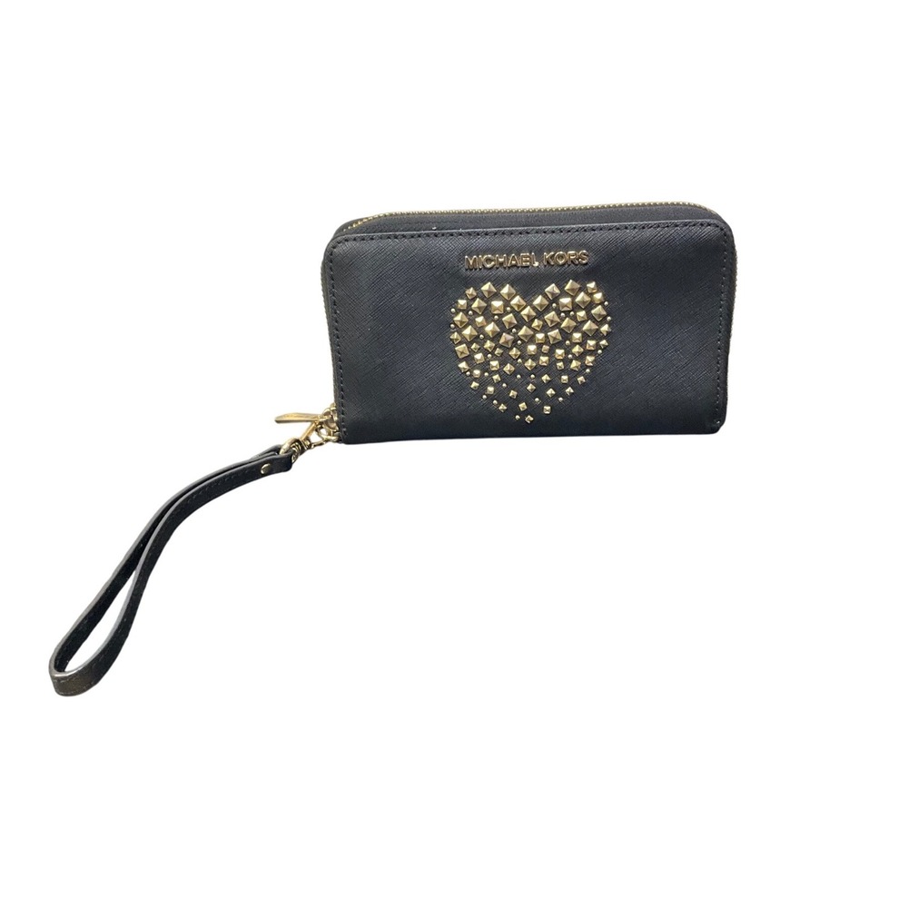 Michael Kors Black Saffiano Leather Studded Heart Zip Around Wristlet Wallet